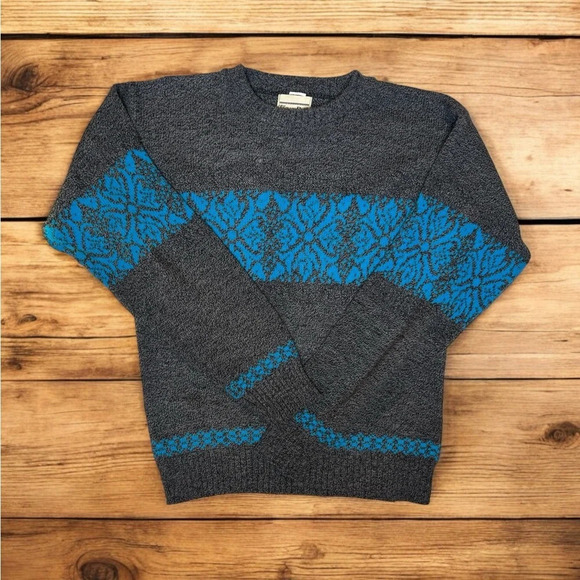 Vintage Sweaters - Vintage 80s Nordic Winter Print Grey Blue Crewneck Skii Grandma Grandpa Sweater